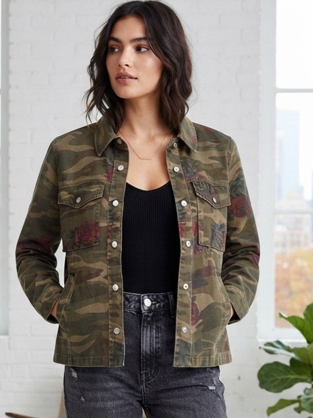 Topshop Women’s Olive Green Camouflage Jacket Size 6